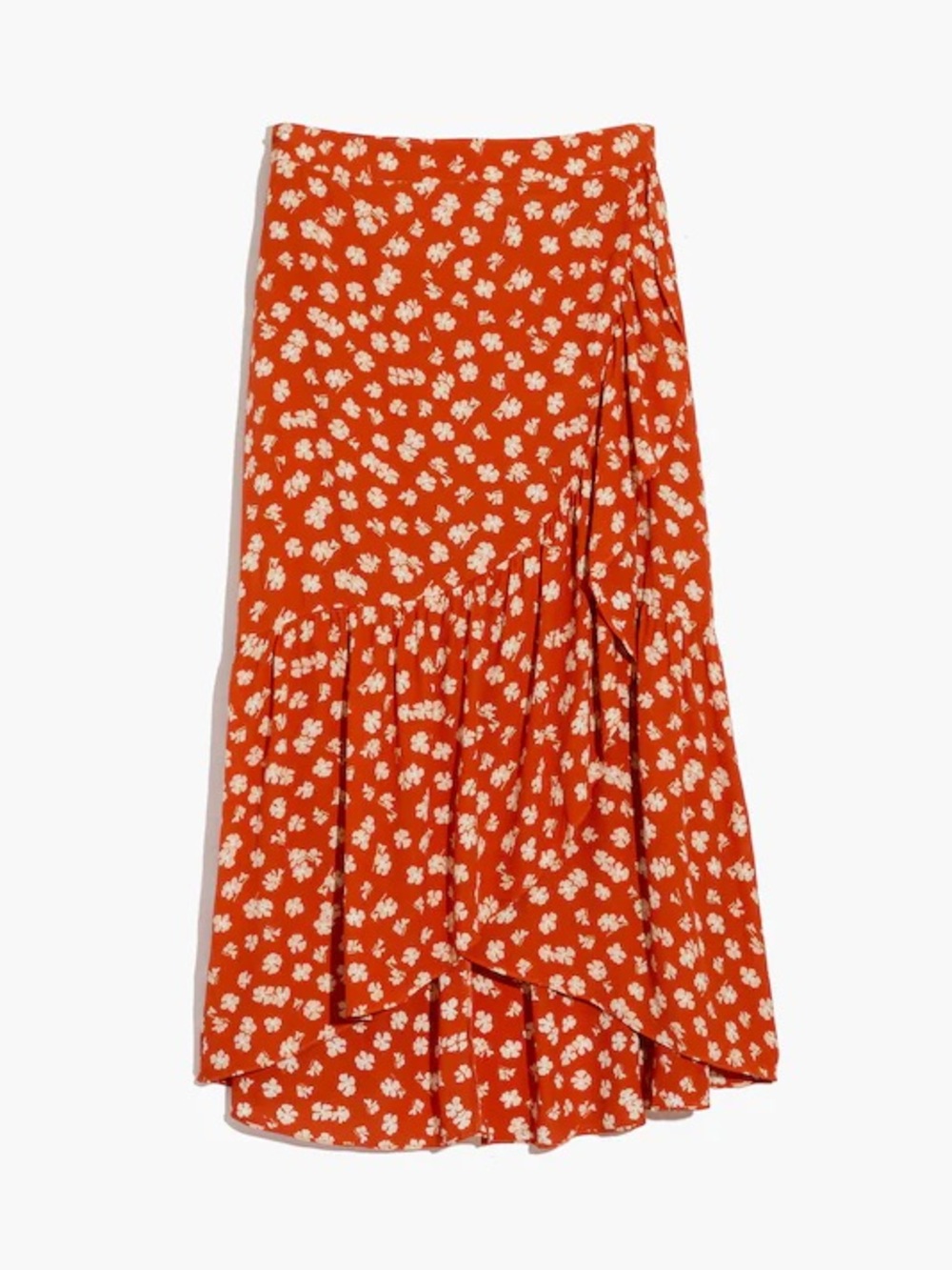 Madewell Ruffle-Wrap Midi Skirt in Happy Hibiscus Floral Midi Size 4 Orange Rust
